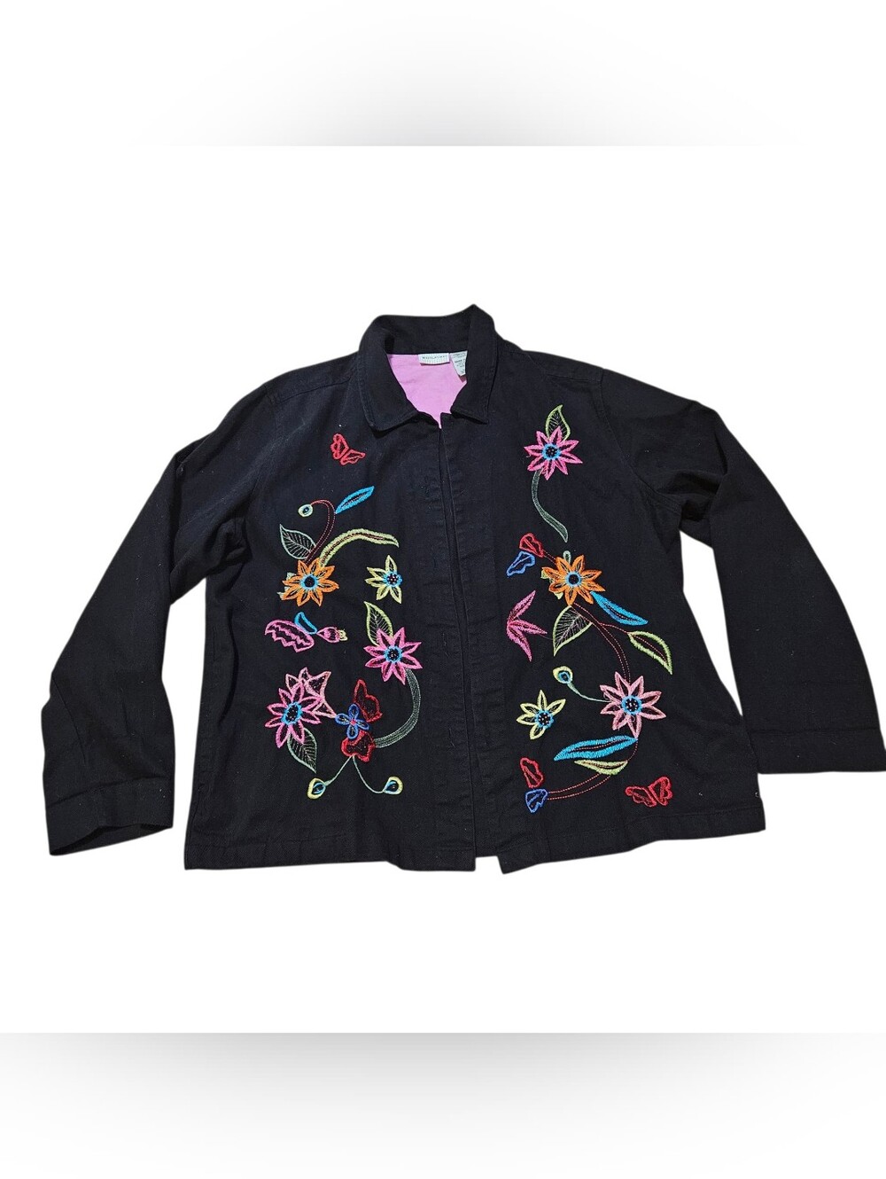 White Stag Black Jean Jacket with Multicolor Floral Embroidery